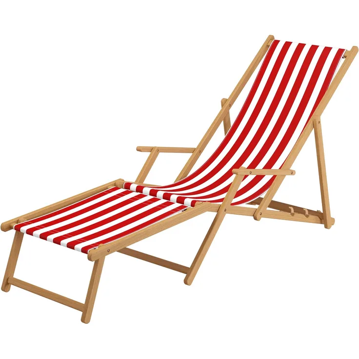 Liegestuhl rot-weiß Strandliege Sonnenliege Relaxliege Deckchair Buche hell Fußteil 10-314 N F