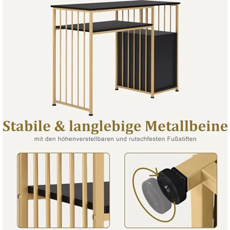M MCombo Schreibtisch mit Schubladen, Schminktisch ohne Spiegel Schwarz-Gold, Nageltisch aus Holz Metallgestell, Computertisch Wohnzimmer Modern, 45,5 x 109 x 81cm, 2407GBK – Bild 5