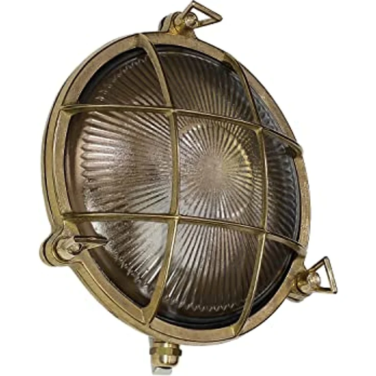Licht-Erlebnisse SERIFOS, Maritime Wandlampe Außen aus Messing mit geriffeltem Glasschirm, IP64, Ø21 cm, E27 max. 18 W, rustikale Außenleuchte für Garten und Hauseingang – Bild 5