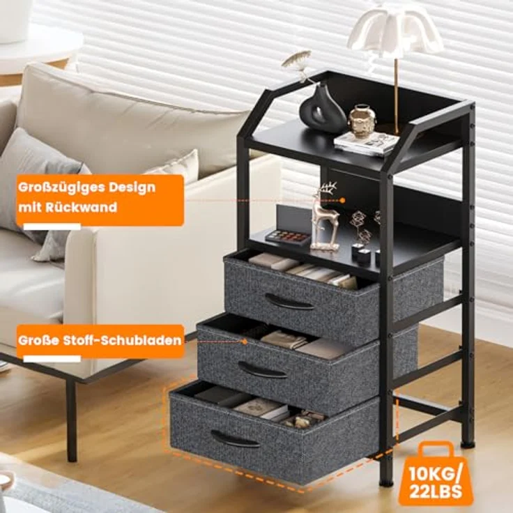 Feonase Nachttisch mit 3 Stoff-Schubladen, Kleine Kommode & Beistelltisch, 2-Fach MDF-Nachtschrank mit offenem Fach, moderner Side Table für Schlafzimmer, Wohnzimmer, Dunkelgrau – Bild 4