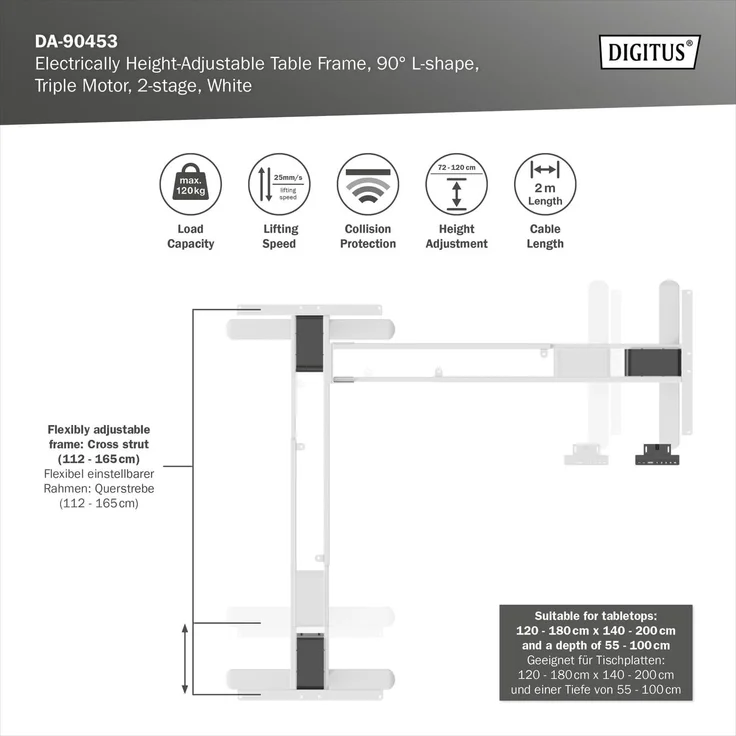 DIGITUS Elektrisch Tischgestell, 90 Grad L-Form, Triple-Motor,Weiß – Bild 4