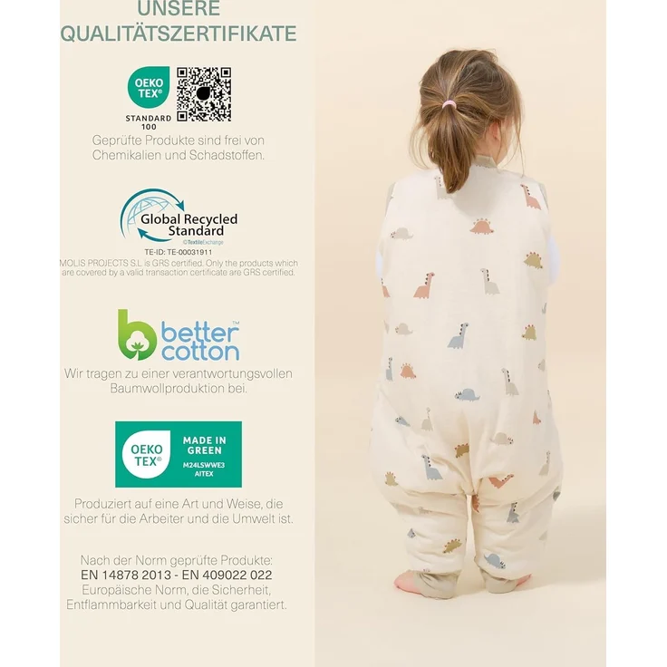 molis&co - Baby Schlafsack mit Füßen 2.5 TOG - Ganzjahres Schlafsack - Babyschlafsack mit Beinen - 100% Baumwolle (Oeko-TEX 100), Winterschlafsack Premium Qualität - Dinos (70 cm) – Bild 6