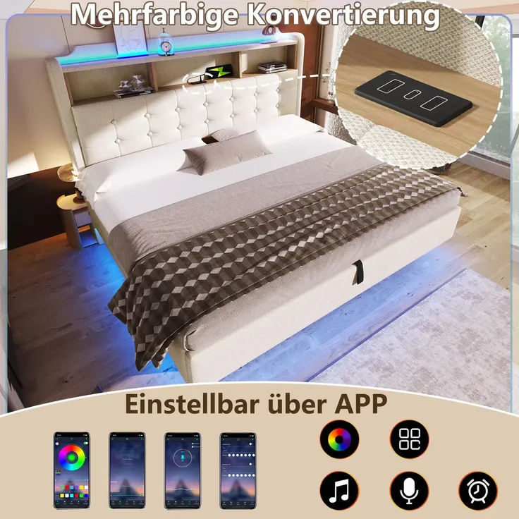 Polsterbett mit LED-Streifen, Type-C, USB und Stauraum, in schwebender Optik, gepolsterter Kopfteil, 180x200 cm, Doppelbett, Stauraumbett, Leinen – Bild 6