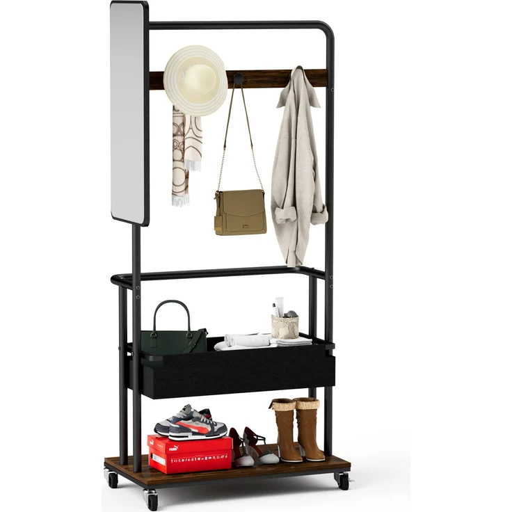 Garderobenständer 70x40x170 cm mit Spiegel, Stofftasche und Rollen – Bild 7