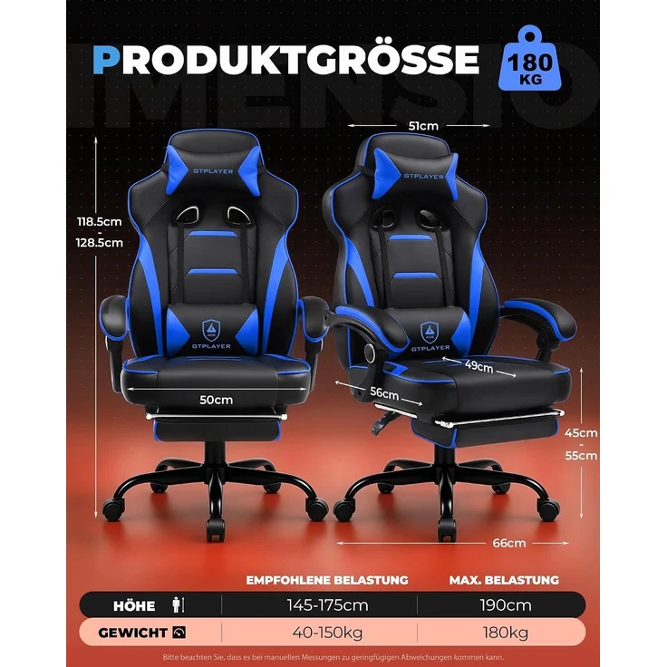 GTPLAYER Gaming Stuhl mit Fußstütze, Ergonomischer Bürostuhl 180kg, Schwerlast Gaming Sessel mit Lendenwirbelstütze und Kopfstütze, Höhenverstellbarer Computerstuhl, Gepolstert, neigbare 155°, BLAU – Bild 3