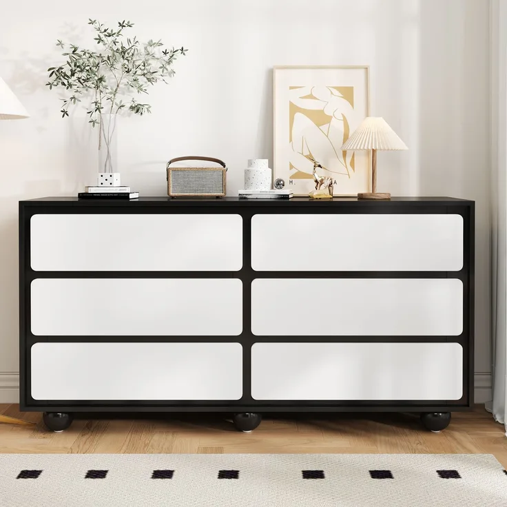 Abrihome Sideboard mit 6 Schubladen, Weiß, 74x38x140 cm