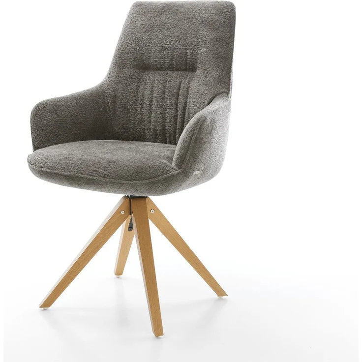 Drehstuhl Zelia-Flex mit Armlehnen Bouclé Soft Schlamm Holzgestell kantig Natur 180° drehbar Taschenfederkern – Bild 1