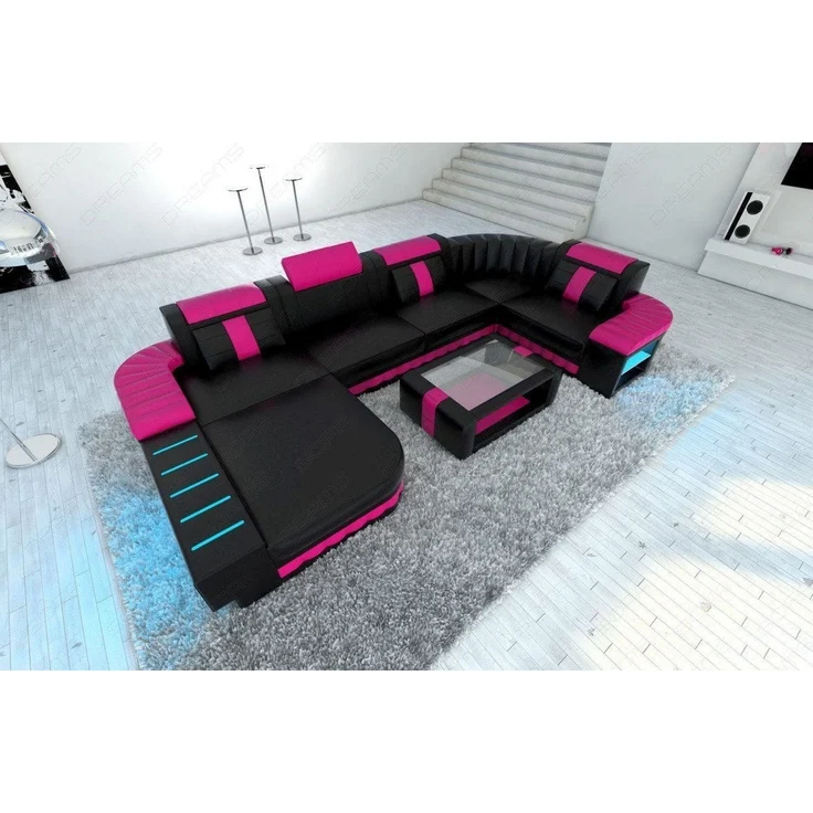 Sofa Dreams - Mini Designer Wohnlandschaft Bellagio Led U-Form - Ledermix - Schwarz-Pink - Links – Bild 4