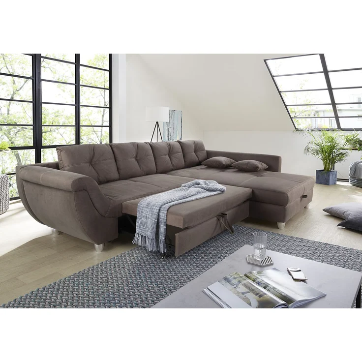 Ecksofa groß mit Rutschen-Armlehne Schlaffunktion Bettkasten Couch in Braun – Bild 3