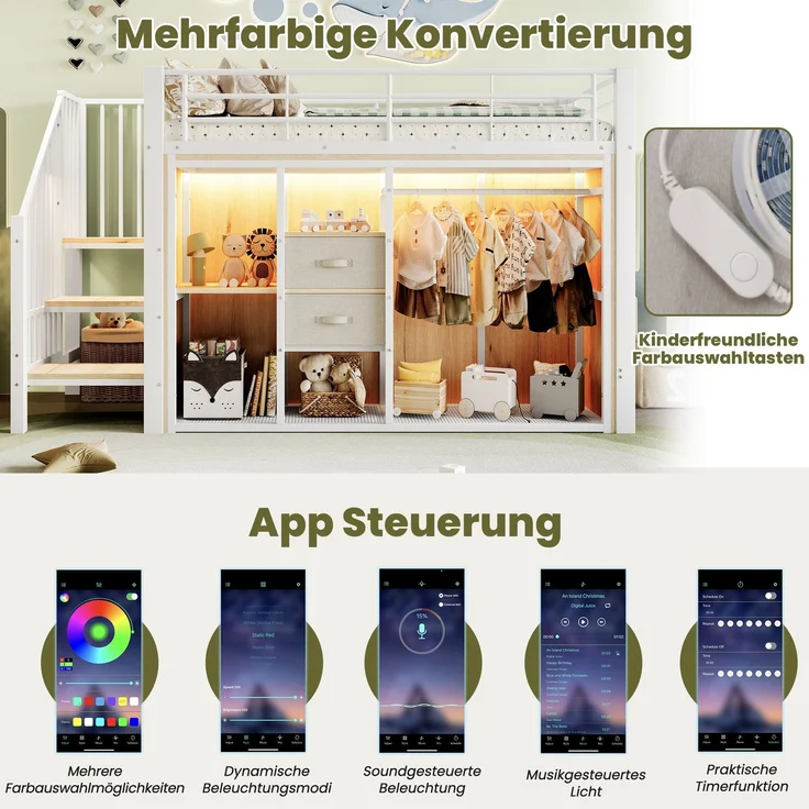 Halbhochbett 90×200 cm mit LED, 2 Schubladen und offenem Kleiderbereich, Weiß, ohne Matratze – Bild 8