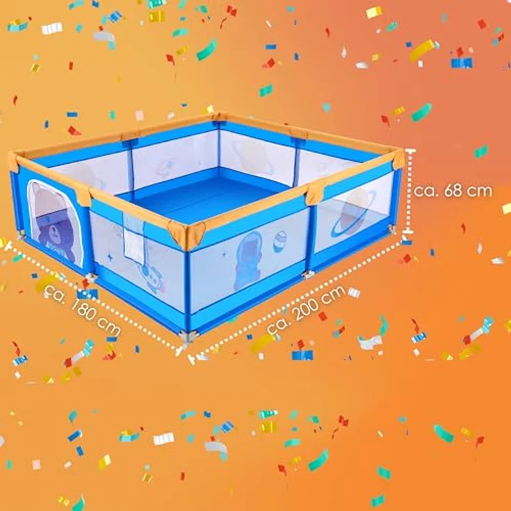 Ecosa Laufgitter, Teddybären-Raumschiff-Design, Blau, Kunststoff, Rechteckig, 180x68x200 cm, CE, mit Einstiegstür und Hängetasche für Spielzeug – Bild 7