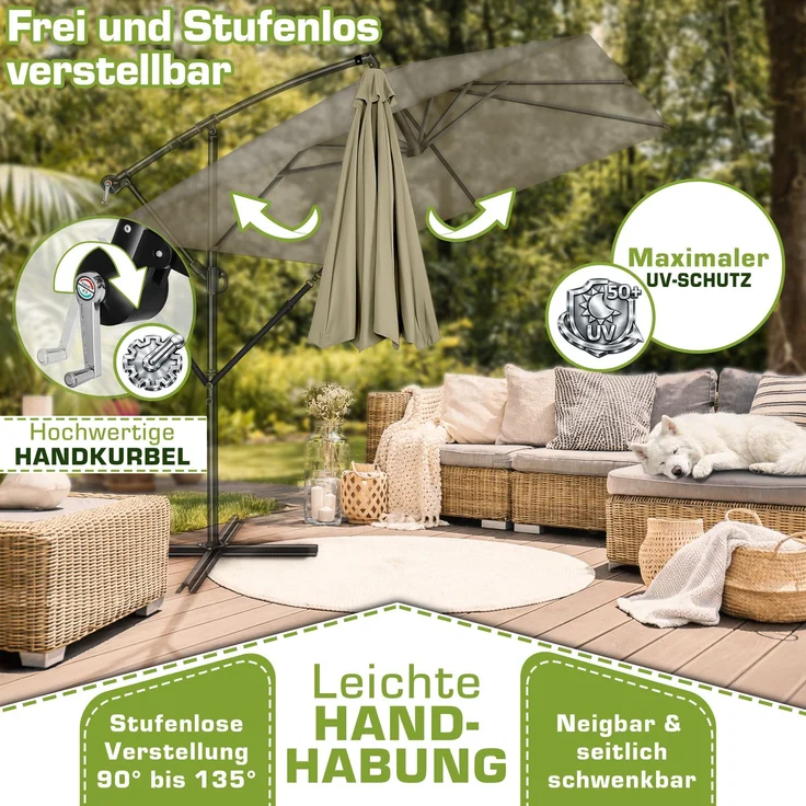tillvex® Alu Sonnenschirm Rechteckig Ø 330 cm Braun + Abdeckung mit Kurbel | Ampelschirm Eckig mit Ständer & Windschutz | Gartenschirm UV-Schutz Aluminium | Kurbelschirm Marktschirm wasserdicht 360° drehbar – Bild 3