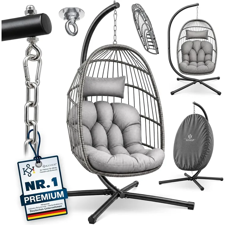 KESSER® Hängesessel Jungle mit Gestell Stahl Hängekorb Sessel Inkl. Großen Kissen + Decken Halterung - Hängeschaukel Hängesitz Indoor - Outdoor Schaukel Hängestuhl für Kinder und Erwachsene Grau
