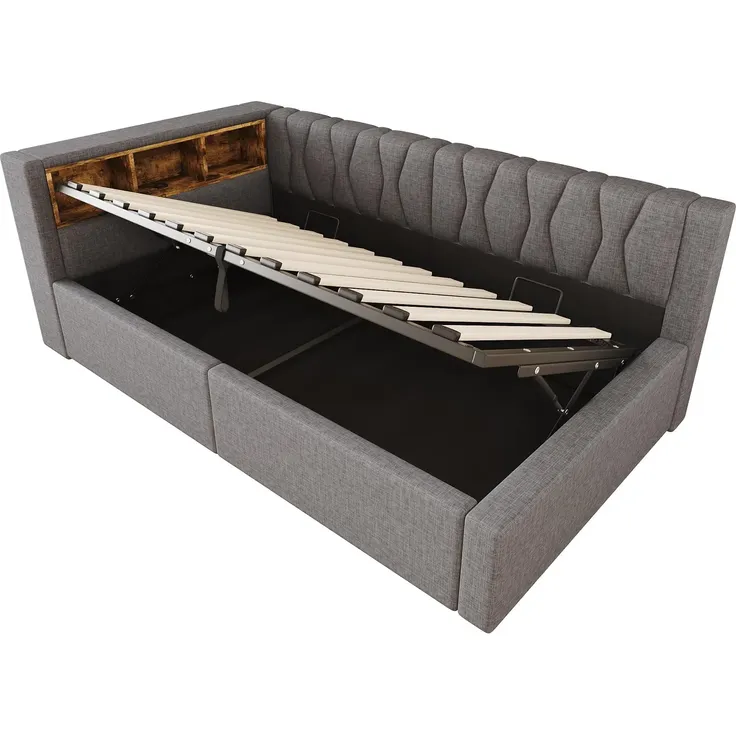 Schlafsofa mit LED-Streifen, Lattenrost, Regal, Rückenlehne, Aufbewahrung, Type-C und USB, 90x200 cm, Polsterbett, Einzelbett, Tagesbett, Leinen – Bild 7