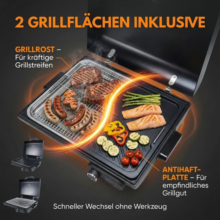 Sommertal BBQ928 2in1 Elektrogrill mit Deckel | Tischgrill & Standgrill elektrisch | Antihaft-Grillplatte + Grillrost | 2180W – Bild 3