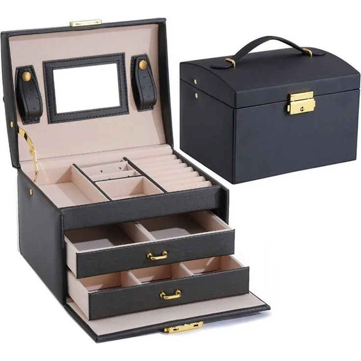 FOUORTUNATE-BEE Schmuckkasten 3 Ebenen Schmuckkasten mit Schloss, Leder-Schmuckbox mit Schloss, abnehmbare Fächer