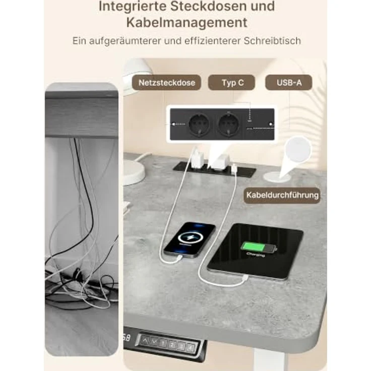 JUMMICO Höhenverstellbarer Schreibtisch 160x80 cm mit Steckdose | Schreibtisch Höhenverstellbar Elektrisch Stehtisch, Steh-Sitz Tisch, Bürotisch Computertisch für Home Office, Grau – Bild 5