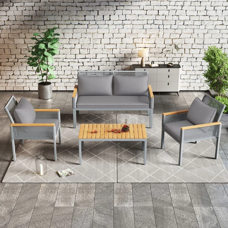 Merax Gartenlounge-Set für 4 Personen, Gartenmöbel Set mit bequemem Kissen, Doppelsofa, 2 Sessel und Tisch, Outdoor, Rattan, Tisch und Stühle, grau – Bild 6