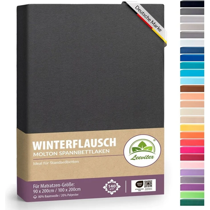 leevitex® Spannbettlaken für kalte Nächte – angenehm weich, passgenau, farbstark & pflegeleicht, Molton, Gummizug: rundum, (1 Stück), verschiedene Größen und Farben, 80% Baumwolle 20% Polyester, 25cm Steg – Bild 1