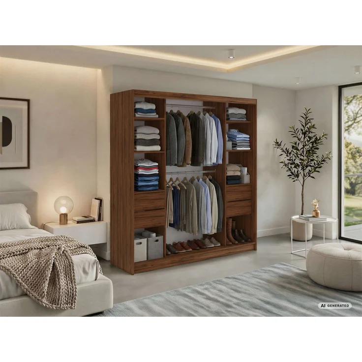 Schwebetürenschrank NAURU mit Lamellen-Optik, moderner Kleiderschrank, Breite 200 cm, inkl. Innenausstattung & Stauraum, Akustikpaneel-Design - Warmia-Nuss und Schwarz - mit Schubladen – Bild 3