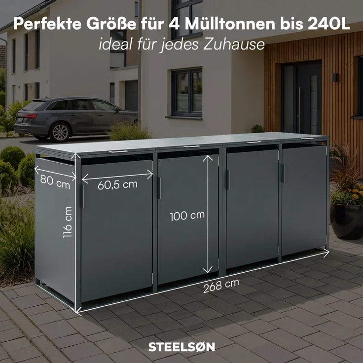 STEELSØN 'Thoria' Mülltonnenbox 4er je 240 Liter, anthrazit, Mülltonnenverkleidung aus Stahl, wetterfest, 116x80x268 cm, Müllbox für 4 Tonnen – Bild 9