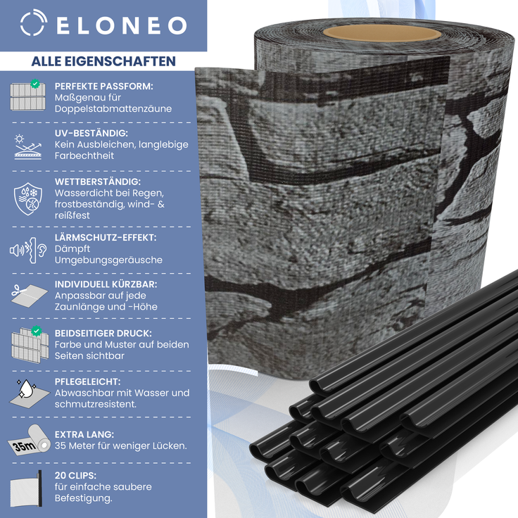 ELONEO PVC Sichtschutzstreifen für Doppelstabmattenzaun, 35m x 19cm je Rolle, 3er-Set Stein – Bild 2