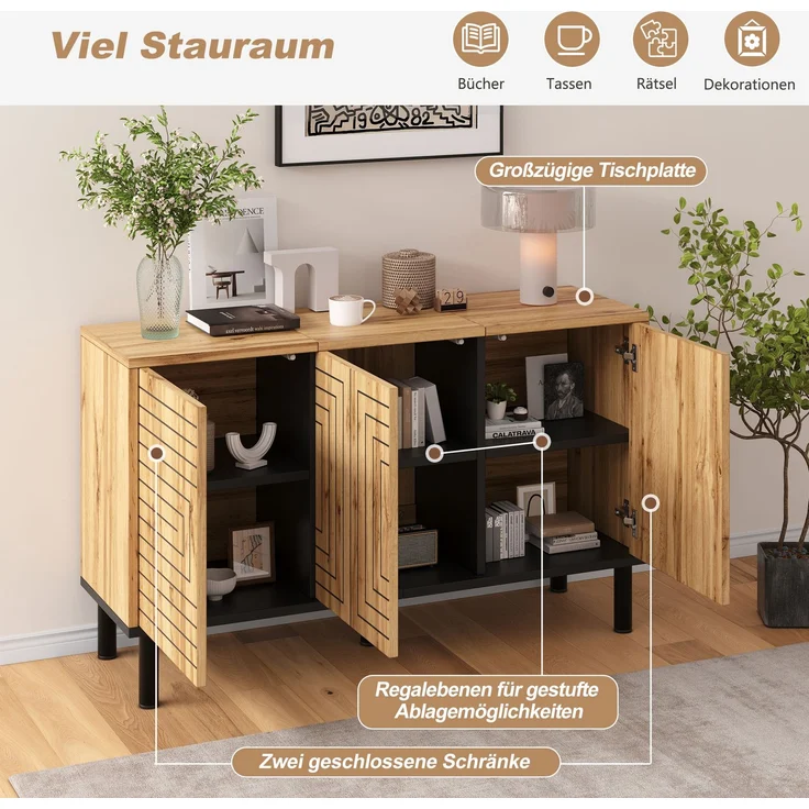Merax Sideboard mit Wellenmuster, 3 Türen mit Rückprallmechanismus, MDF Aufbewahrungsschrank, Küchenschrank, Aufbewahrungsschrank, Holzfarbe – Bild 5