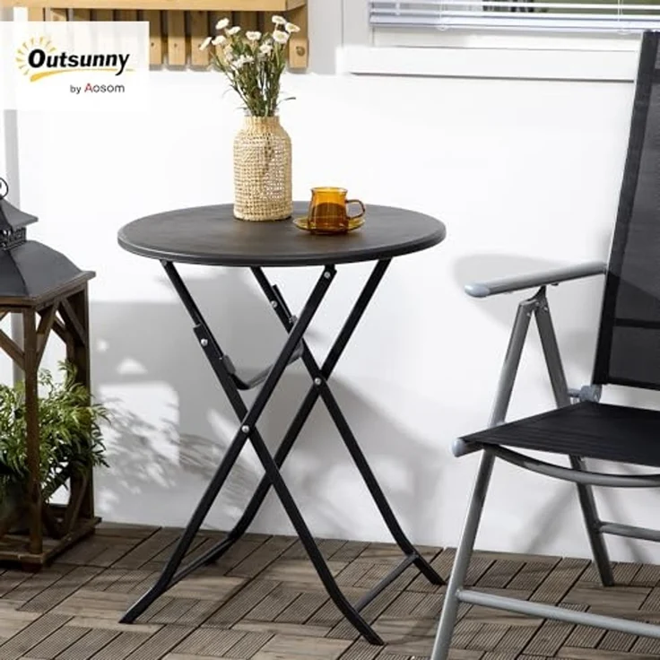 Outsunny Beistelltisch Garten-Esstisch mit Dekorativer Holzoptik, Campingtisch für Balkon (60 cm Beistelltisch für 2 Personen, 1-St, Runder Klapptisch), HDPE, Dunkelgrau – Bild 2