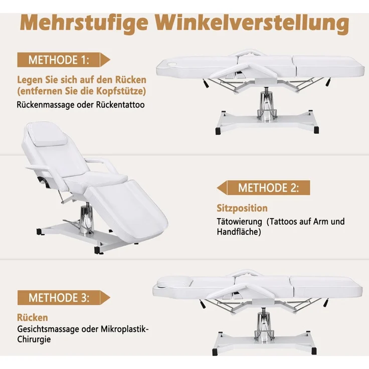 HOME NATURE WOHNKONZEPT Kosmetikliege hydraulisch, klappbare 3-Zonen Massageliege, Tattoo Liege 182x81x64 cm, Weiß – Bild 4