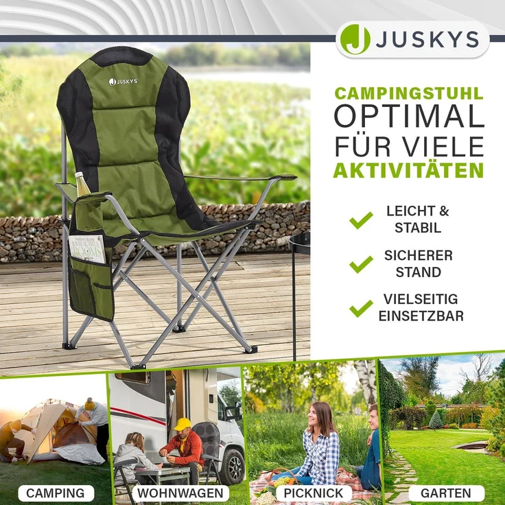 Juskys Campingstuhl Lido mit Getränkehalter & Tasche - Camping Klappstuhl gepolstert - Faltstuhl Angelstuhl Strandstuhl Chair - Stuhl Grün – Bild 2