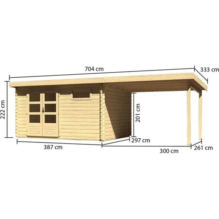 Gartenhaus Bastrup 8 - 670x297 cm mit Anbaudach 3,00 m, 28 mm Holz naturbelassen, Karibu – Bild 4