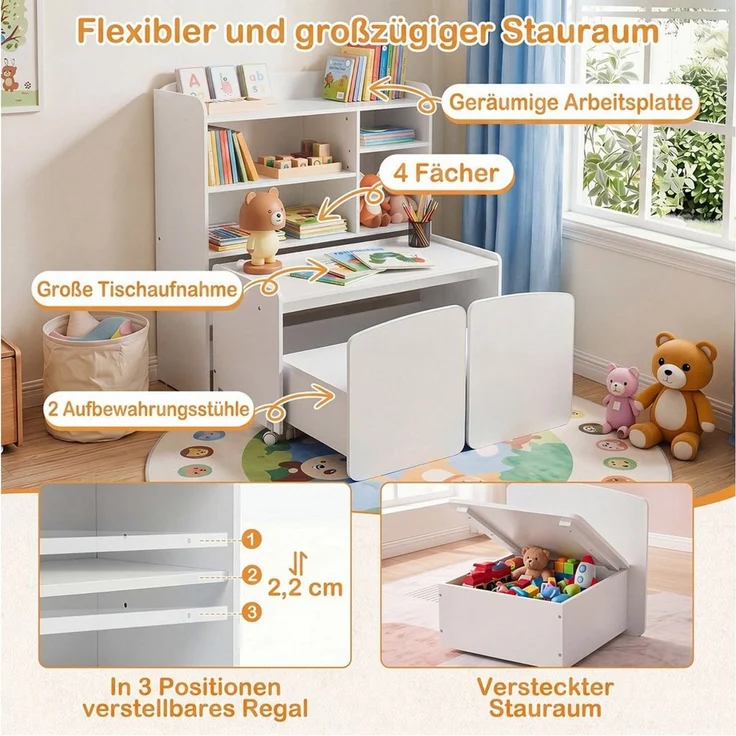 COSTWAY Kindertisch (4-St), 3 in 1 Kinderregal mit Tisch auf Rollen, 2 Stuhl – Bild 3