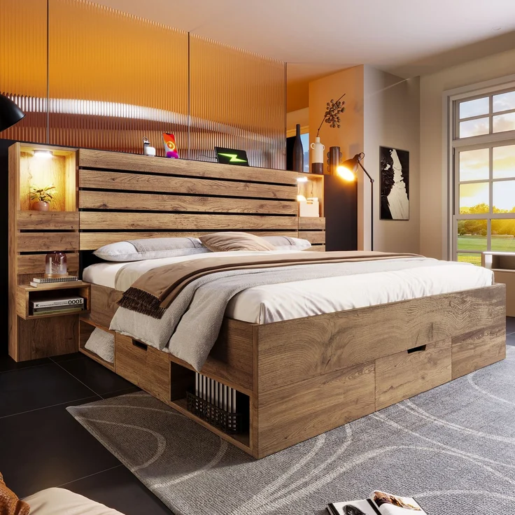 Holzbett Doppelbett 160×200cm Eichenoptik mit LED-Downlights, integrierter USB & Type-C Ladestation, beleuchtete Nische, schwebende Nachttische, Unterbett-Schubladen Stauraum, stabiler Metallrahmen ohne Matratze – Bild 3