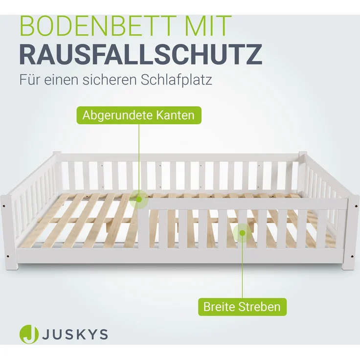 Juskys 'Naya' Kinderbett - mit Matratze, Rausfallschutz & Lattenrost - Bodenbett für Kinder 3 -10 Jahre - Holz Weiß, 140x200 cm – Bild 4