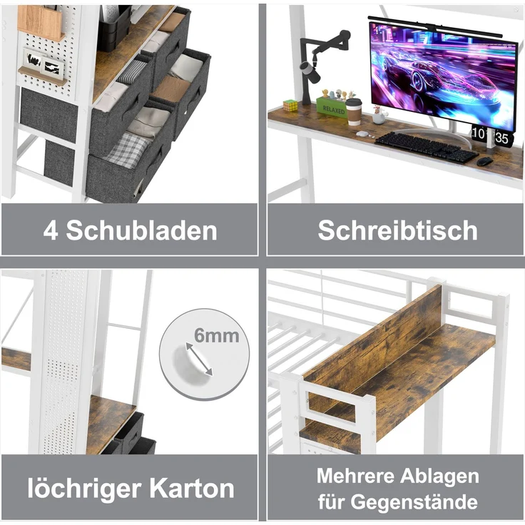 EINHOM Hochbett, 90 x 200 cm, Eisenrahmen mit Schreibtisch, mit Trockenstab, mit Einlegeböden, 4 Schubladen, mit USB + Typ-C Steckdose, LED-Leiste, Geländer, Trittleiter, mit Lochbrett, Weiß (Ohne Matratze) – Bild 5