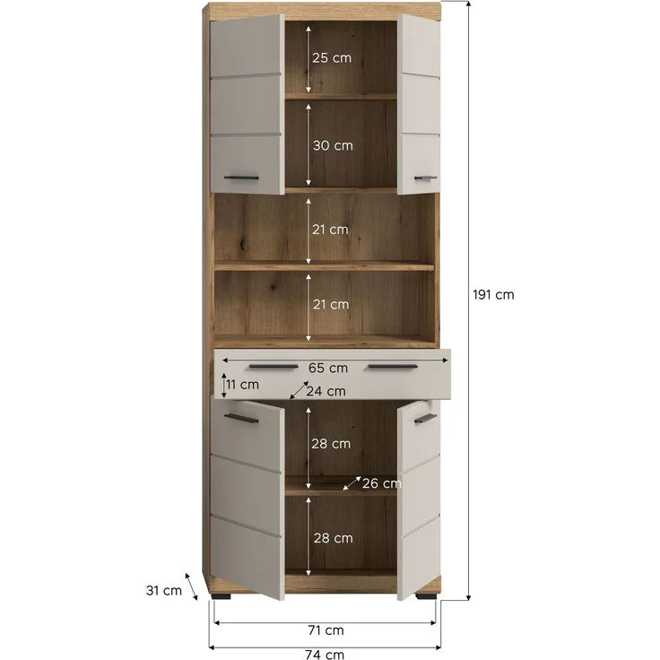 Hochschrank B/H/T: 74x191x31 cm in Evoak Oak Nachbildung – Bild 4