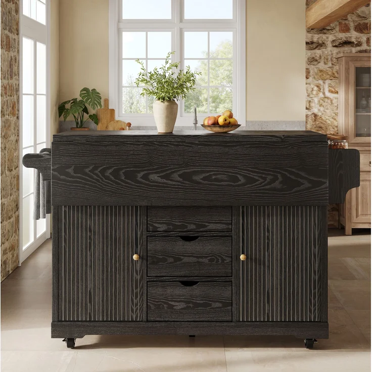 Küchenwagen MDF mit 3 Schubladen & Klappflächen, 142,5x80x95 cm, Schwarz – Bild 2