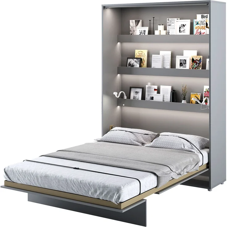 MEBLINI Schrankbett Bed Concept - BC-01 - 140x200cm Vertikal - Grau Matt mit Matratze - Wandbett mit Lattenrost - Klappbett mit Schrank - Wandklappbett - Murphy Bed - Bettschrank – Bild 1