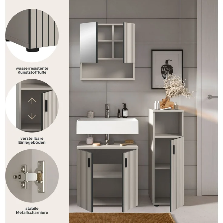 xonox. home – Badkombination Mone 105 x 180 x 30 cm in Kaschmir Nachbildung – 3-teiliges Set inkl. Waschbeckenunterschrank, Spiegelschrank & Badschrank – Stilvolle Einrichtungslösung mit kompakten Maßen – Bild 7