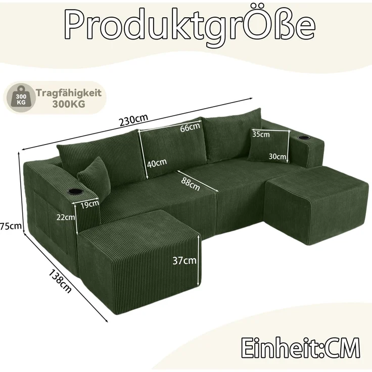 Ecksofa 3-Sitzer aus Cordstoff mit beweglichen Ottomanen, Getränkehaltern & Seitentaschen, 230×138×75 cm, Grün – Bild 6