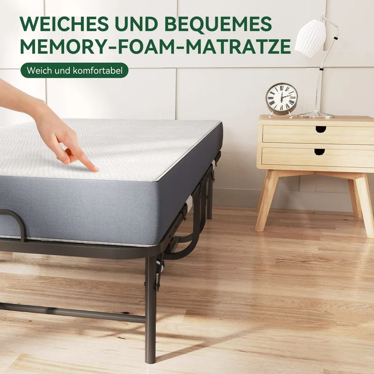 190 × 96 cm Klapp-Twin-Bett mit 9,5 cm Memory-Foam-Matratze, tragbares Gästebett/Rollbett, stabiler Metallrahmen--Schwarz--190x96x43cm--YOUDENOVA – Bild 3