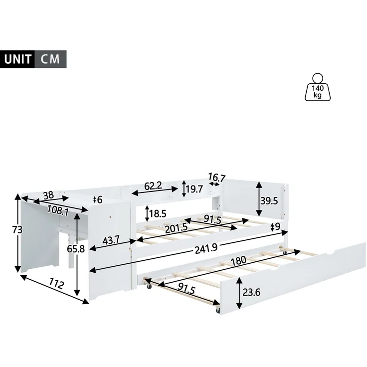Multifunktionales Kinderbett 90x200 cm mit ausziehbarem Rollbett, Schreibtisch und Regalen, robustes Holz – Bild 10