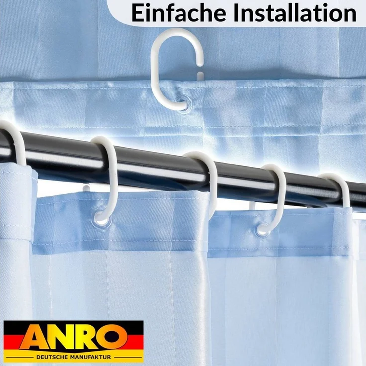 ANRO Duschvorhang aus Italien hochwertiger Badevorhang Textil mit Ösen und Haken Breite 120 cm (Packung, 1-tlg, Duschvorhang inkl. Aufhängeringe), robuster Vorhang Stangenaufhängung in Größe 200x120cm in blau – Bild 3