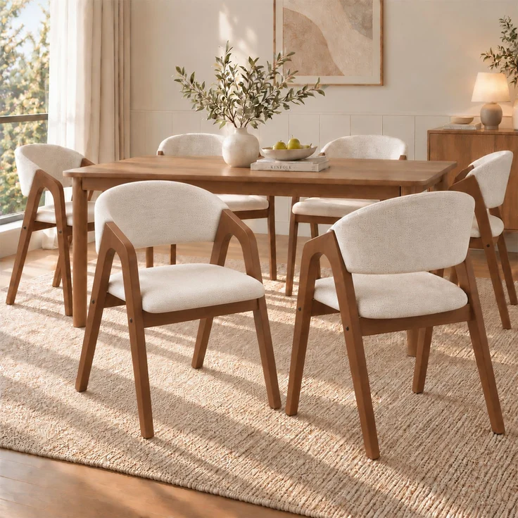 4 Esszimmerstühle aus Massivholz, bequem und atmungsaktiv, geeignet für Esszimmer, Wohnzimmer, Cafés, moderner Stil, Leinenstoff,Walnussholzfarbe + Haferbeige--Nussbaum--55.5x60x83cm--YOUDENOVA – Bild 3