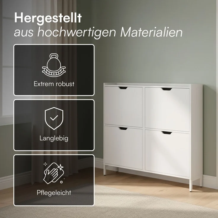 Bellamio 'Ceyhan' Schuhschrank mit 4 Klappen, schmales Schuhregal, weiß, 100x19x90 cm, Schuhkipper für 8 paar Schuhe – Bild 5
