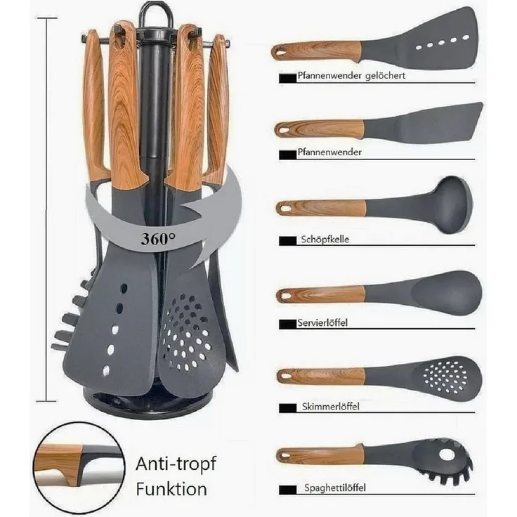 Küchenhelfer Küchenutensilien mit Ständer 7-tlg. Cheffinger CF-UT02 Holz-Optik