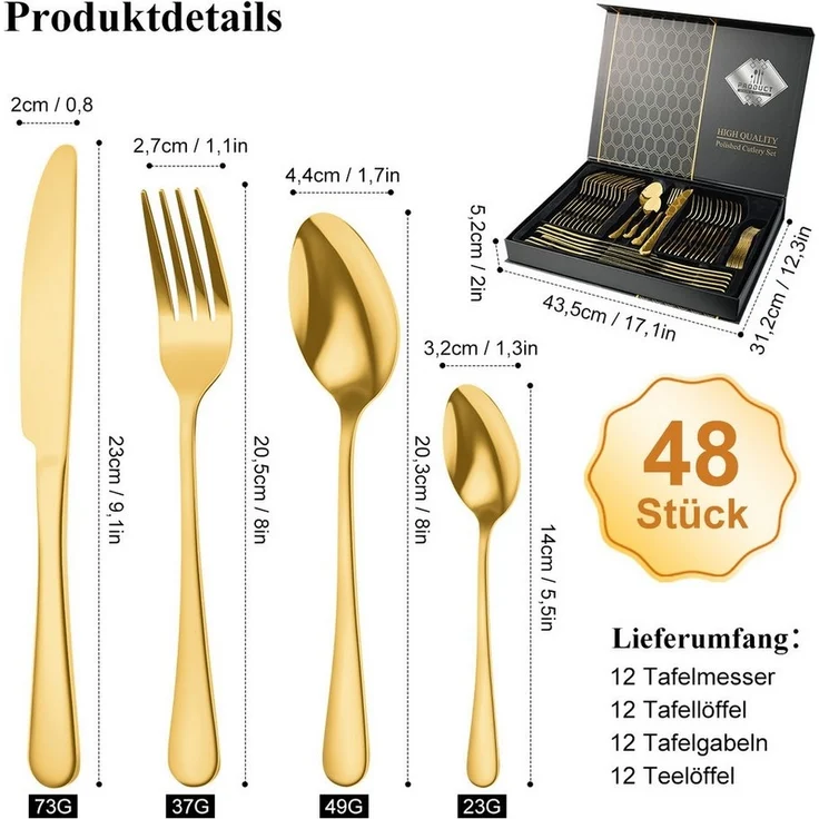 Simloveve Besteck-Set 48 teilig Besteck Set für 12 Personen, Besteckset mit Gehämmert Griff, Edelstahl, Essbesteck Set inkl Messer, Gabel, Löffel, Spülmaschinenfest, Rostfrei – Bild 3