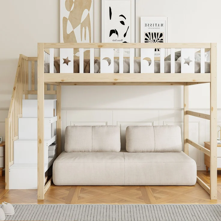Merax Hochbett, Etagenbett für Kinder 140x200 mit Treppe, Kinderbett Aus Massivholz mit Sicherheitsgeländer, Weiß+Natur – Bild 3