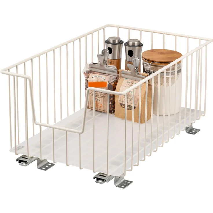 Schrank-Korbauszug 30 cm Breite, Boden-Teleskopschublade mit Einlegeboden, Küchenschublade, cremeweiß