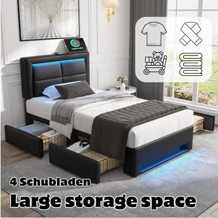 Ball & Cast Jugendbett (90x190 cm) mit 4 Schubladen, Stauraumbett mit Beleuchtung, USB und kabelloser Ladestation, Polsterbett Einzelbett ohne Matratze, Schwarz – Bild 4